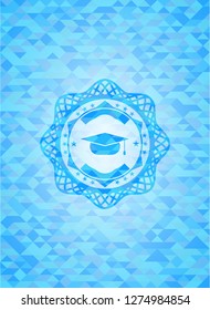 graduation cap icon inside light blue emblem with mosaic background