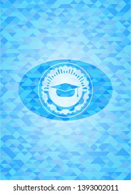 graduation cap icon inside light blue emblem with triangle mosaic background