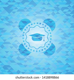 Graduation Cap Icon Inside Light Blue Mosaic Emblem