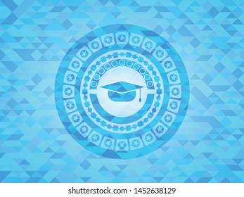 Graduation Cap Icon Inside Light Blue Mosaic Emblem