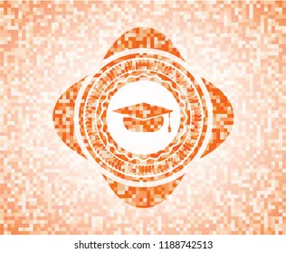 graduation cap icon inside orange tile background illustration. Square geometric mosaic seamless pattern with emblem inside.
