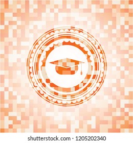 graduation cap icon inside orange mosaic emblem