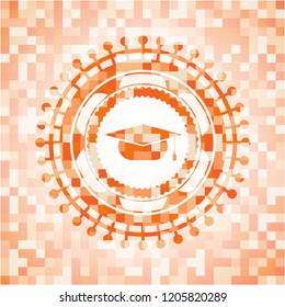 graduation cap icon inside orange tile background illustration. Square geometric mosaic seamless pattern with emblem inside.