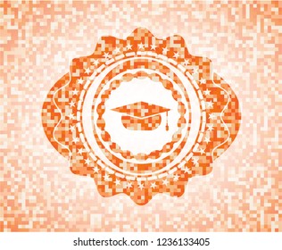 graduation cap icon inside orange mosaic emblem