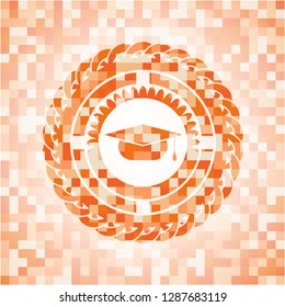 graduation cap icon inside orange tile background illustration. Square geometric mosaic seamless pattern with emblem inside.