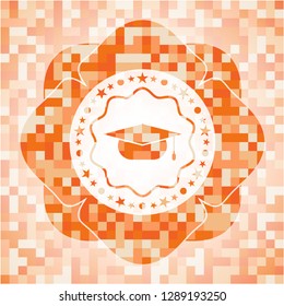 graduation cap icon inside orange tile background illustration. Square geometric mosaic seamless pattern with emblem inside.