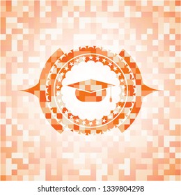 graduation cap icon inside orange mosaic emblem with background
