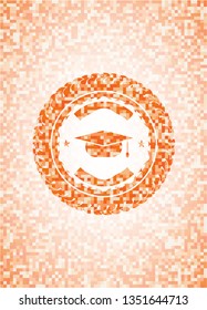 graduation cap icon inside orange mosaic emblem with background