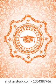 graduation cap icon inside orange tile background illustration. Square geometric mosaic seamless pattern with emblem inside.