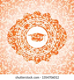 graduation cap icon inside orange tile background illustration. Square geometric mosaic seamless pattern with emblem inside.