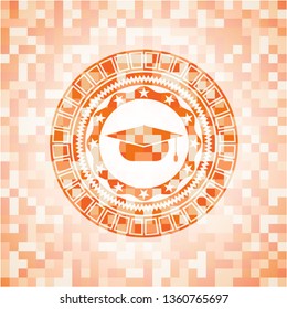 graduation cap icon inside orange mosaic emblem