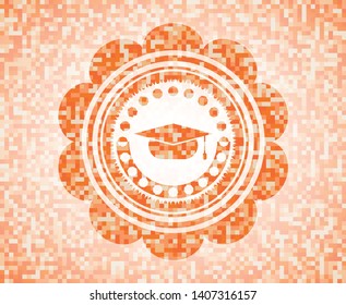 graduation cap icon inside orange mosaic emblem with background