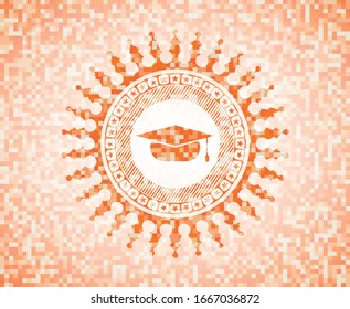 graduation cap icon inside orange mosaic emblem with background