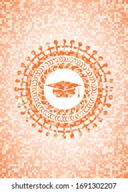 graduation cap icon inside orange tile background illustration. Square geometric mosaic seamless pattern with emblem inside.