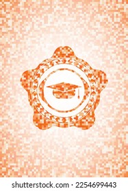 Graduierungskappe Symbol in orangefarbenem Mosaik-Emblem mit Hintergrund. 