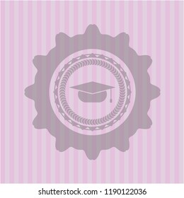 graduation cap icon inside pink emblem. Vintage.