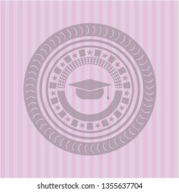graduation cap icon inside pink emblem. Retro