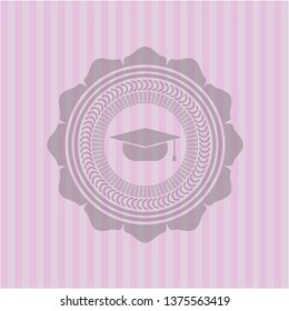 graduation cap icon inside pink emblem. Vintage.