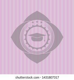 graduation cap icon inside pink emblem. Vintage.