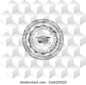 graduation cap icon inside realistic grey emblem with cube white background