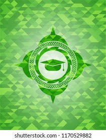 graduation cap icon inside realistic green mosaic emblem