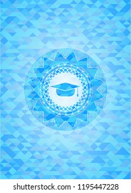 graduation cap icon inside realistic sky blue emblem. Mosaic background