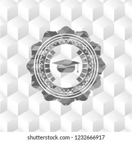graduation cap icon inside realistic grey emblem with cube white background