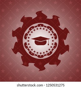 graduation cap icon inside realistic red emblem