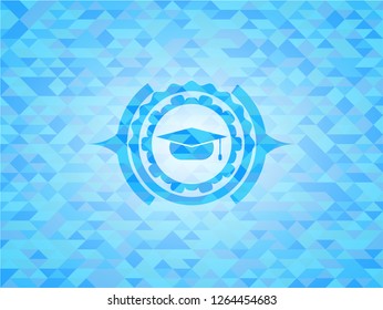 graduation cap icon inside realistic light blue emblem. Mosaic background