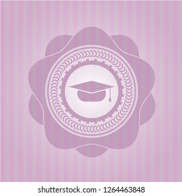 graduation cap icon inside realistic pink emblem