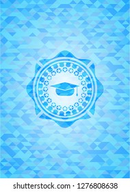 graduation cap icon inside realistic light blue emblem. Mosaic background