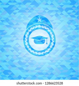 graduation cap icon inside realistic sky blue mosaic emblem