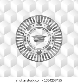  graduation cap icon inside realistic grey emblem with cube white background