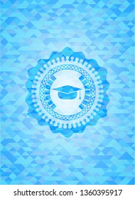 graduation cap icon inside realistic sky blue emblem. Mosaic background