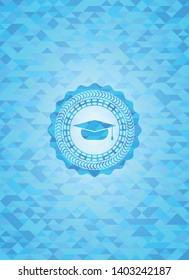 graduation cap icon inside realistic light blue emblem. Mosaic background