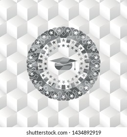 graduation cap icon inside realistic grey emblem with cube white background