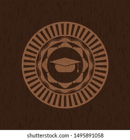 graduation cap icon inside realistic wood emblem