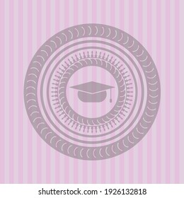 graduation cap icon inside realistic pink emblem. Vector design. 