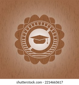 graduation cap icon inside realistic wood emblem. 