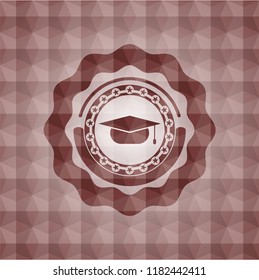 graduation cap icon inside red polygonal badge. Seamless.