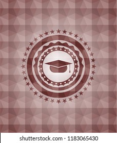 graduation cap icon inside red emblem or badge with abstract geometric pattern background. Seamless.