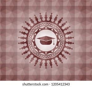 graduation cap icon inside red geometric pattern emblem. Seamless.