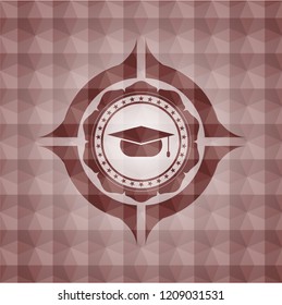 graduation cap icon inside red emblem with geometric pattern. Seamless.