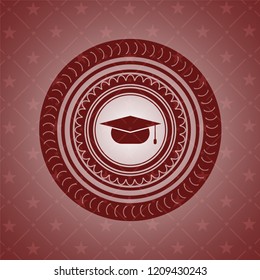 graduation cap icon inside red emblem. Retro