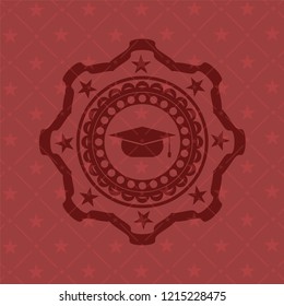 graduation cap icon inside red emblem. Retro