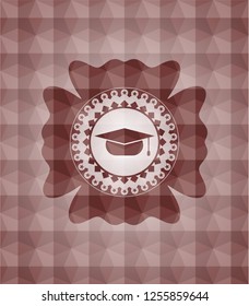 graduation cap icon inside red geometric emblem. Seamless.
