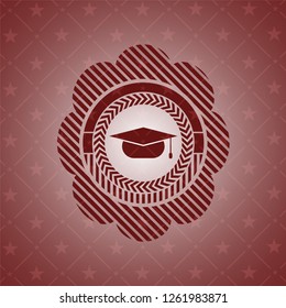 graduation cap icon inside red emblem. Retro