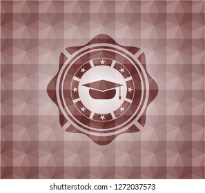 graduation cap icon inside red geometric emblem. Seamless.