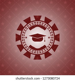 graduation cap icon inside red emblem. Retro