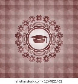graduation cap icon inside red badge with geometric pattern. Seamless.